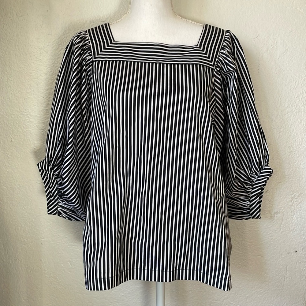 Striped peasant puff sleeve blouse square neck